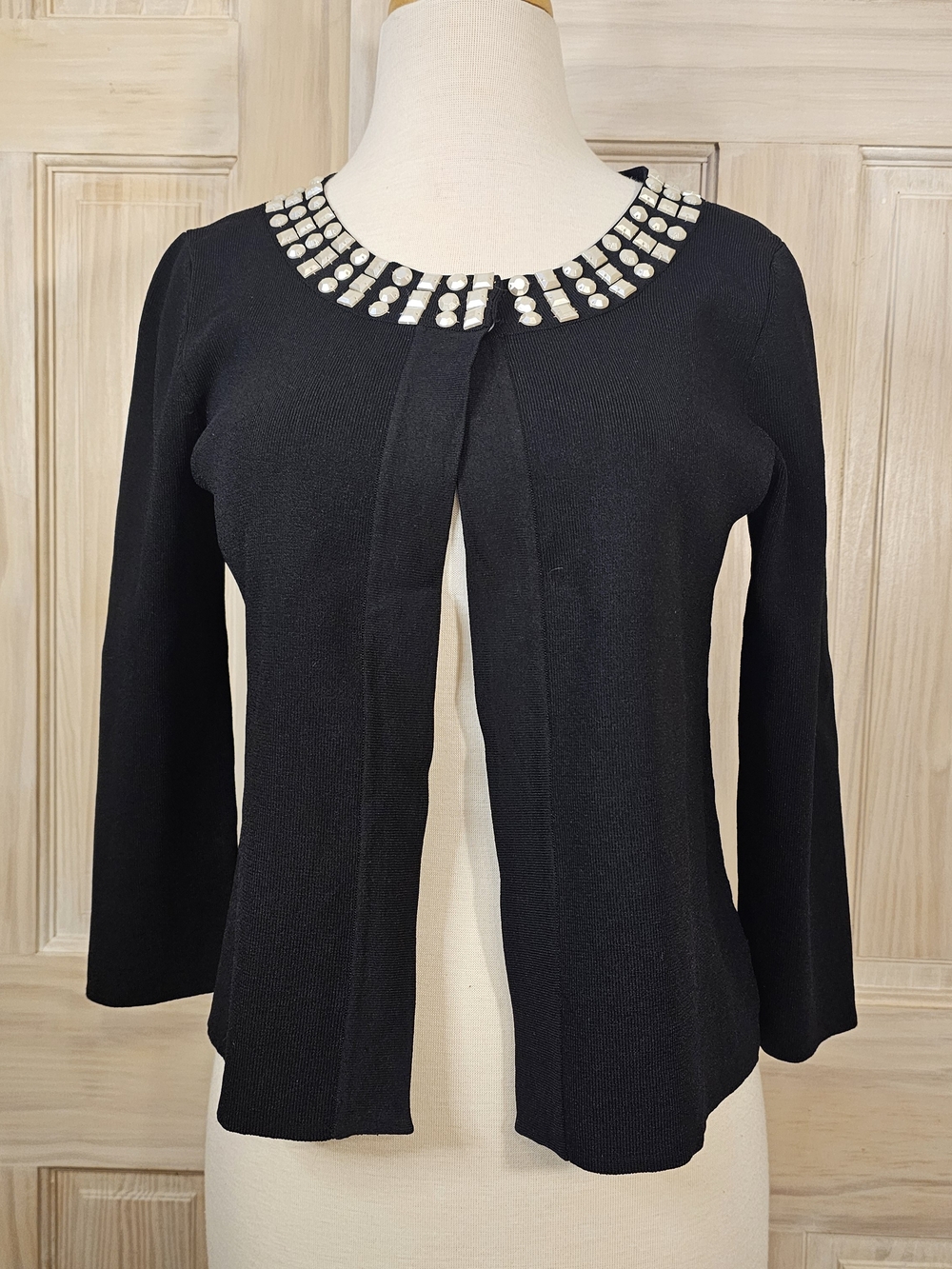 Embellished Black Open Cardigan with Pearl Accents